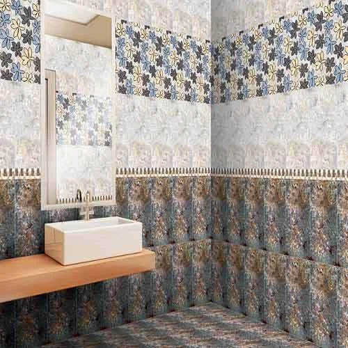 Bathroom design with blue and white tiles and white sink