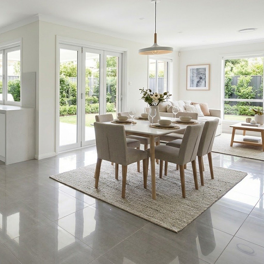 beautiful hall with premium tiles and dining table
